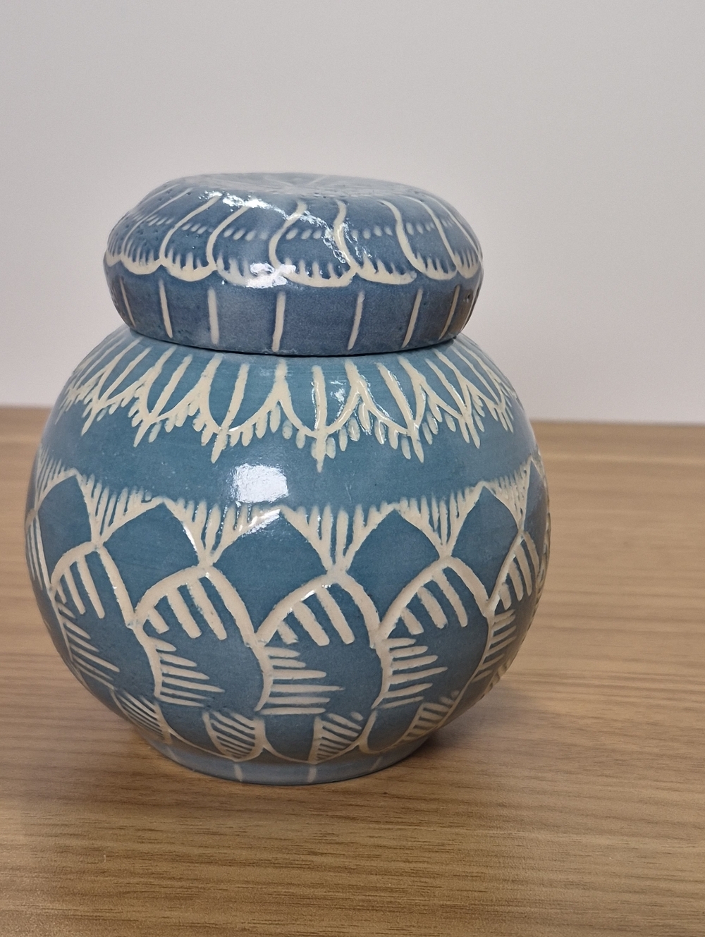 Lucia Signed Studio Pottery Ginger Jar - Blue Sgraffito Hand-Carved Glossy